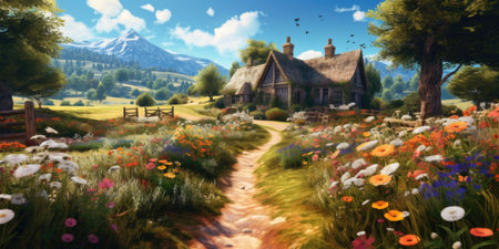 Digital painting of a country road in front of an old house surrounded by flowersの素材