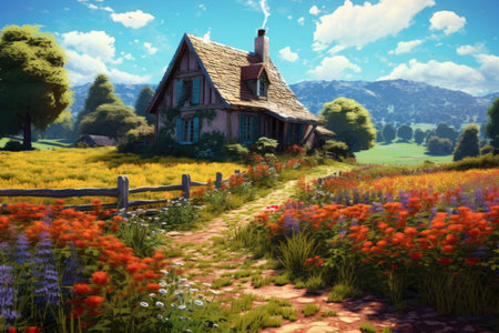 Wooden house in the meadow with flowers. digital painting.の素材