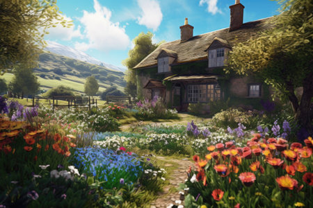 Digital painting of a cottage in the countryside, with flowers in the foregroundの素材