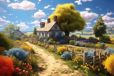 Beautiful spring landscape with old house and flowers. 3d renderingの素材