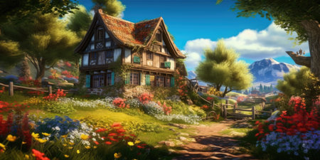Panorama of a cottage in the middle of the forest with flowersの素材