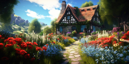 Digital painting of a village house surrounded by flowers in the countryside.の素材
