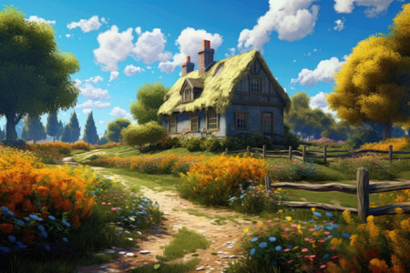 Cartoon scene with a country house in the meadow. digital painting.の素材