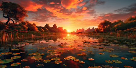 sunset over the lake with trees and water lilies. 3d renderingの素材