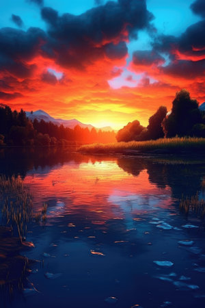 Beautiful sunset over the lake. Colorful sky with clouds.の素材