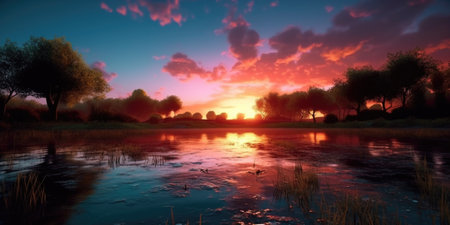 Beautiful sunset over the river. Panoramic view of the river.の素材