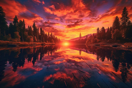 Fantastic sunset on the lake. Colorful summer landscape.の素材