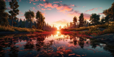 Beautiful sunset over the lake with red tulips.の素材