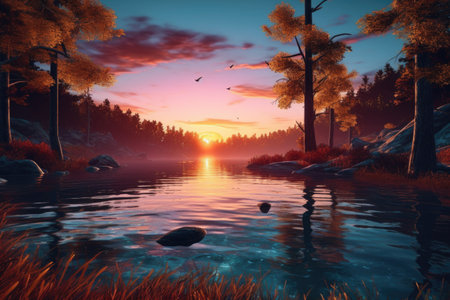 Beautiful landscape with lake and forest at sunset,の素材