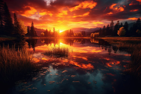 Beautiful sunset over the lake. colorful autumn landscape. composition of nature.の素材