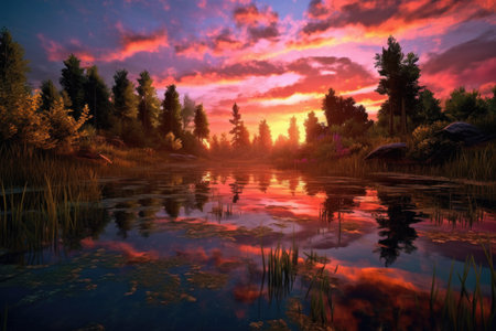 Sunset over the lake in the forest. landscape with lake.の素材