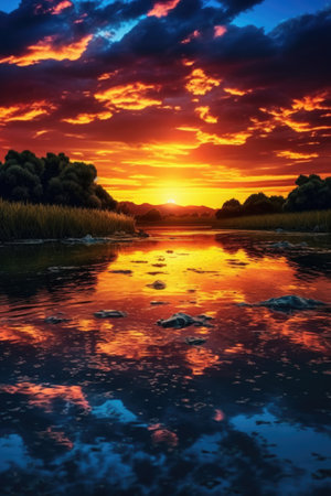 Beautiful sunset over the river. Sunset over the river. beautiful scenery.の素材