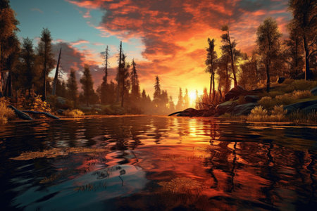 Fantasy landscape with lake, forest and sunset.の素材