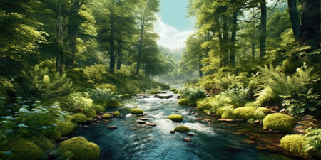 A panoramic shot of a river flowing through a green forestの素材