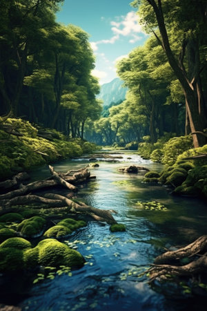 Beautiful green forest and river in the morning. nature composition.の素材