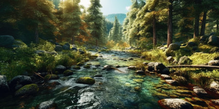 Mountain stream in the forest at sunset.の素材
