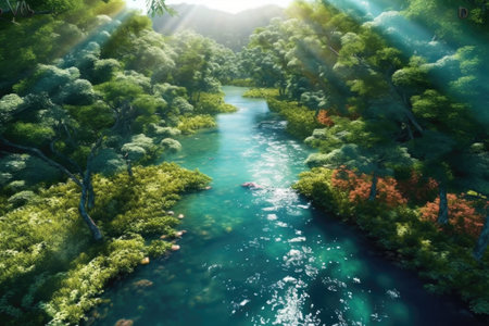 Beautiful landscape with a river and forest.の素材