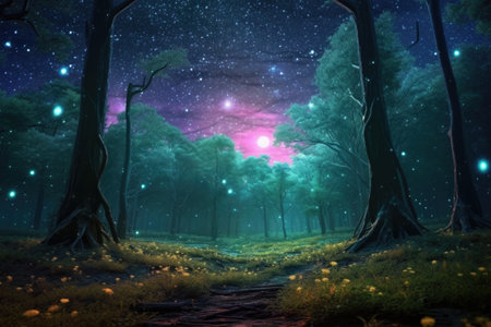 Mystical forest at night with full moon and stars.の素材