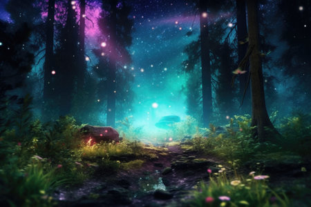 Fantasy landscape with magic forest and lights.の素材