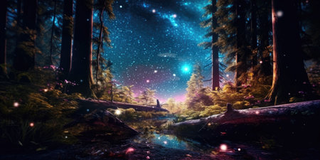 Fantasy landscape with river, starry sky and forest.の素材