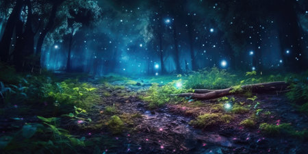 Fantasy forest in the night with full moon and stars.の素材