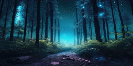 Mysterious dark forest at night with stars.の素材