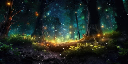 Fantasy landscape with dark forest, trees and stars.の素材