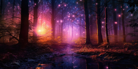 Mysterious dark forest at night with fog and lights. magical atmosphereの素材