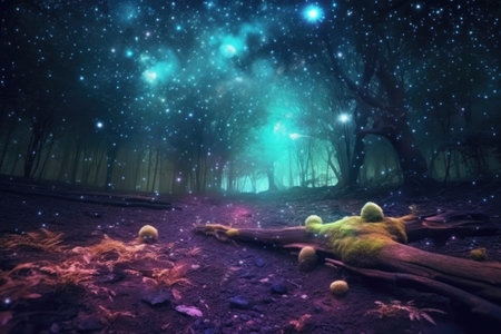 Mystical dark forest with glowing stars.の素材