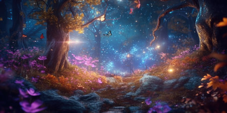 Mystical fantasy forest with magic light.の素材