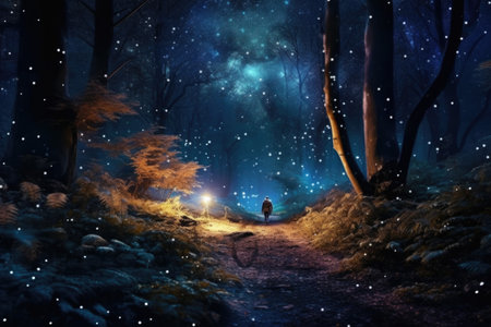 Mystical forest in the night with a man walking on a pathの素材