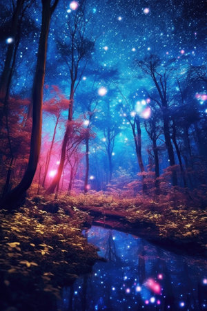 Fantasy forest with river and starry sky.の素材