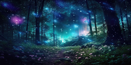 Mystical dark forest with glowing lights and stars.の素材