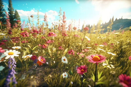 Beautiful meadow with daisies and wildflowers at sunsetの素材