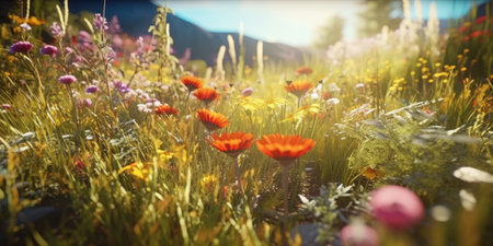 Meadow with flowers in the mountains. beautiful nature background.の素材