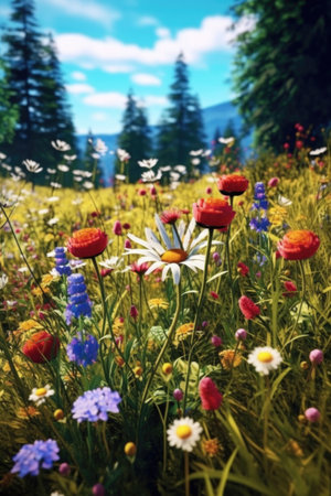 Beautiful meadow with wildflowers in the mountains. nature backgroundの素材