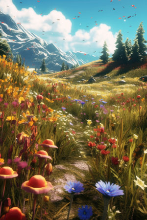 Digital painting of meadow with wild flowers and mountains in the backgroundの素材