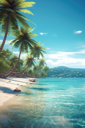 Tropical beach with coconut palm trees and turquoise water.の素材