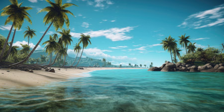 Tropical beach with palm trees and blue sky.の素材