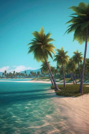 Beautiful tropical beach with palm trees and sand.の素材