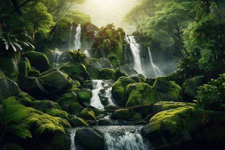 Beautiful waterfall in the rainforest with green moss on the rocksの素材