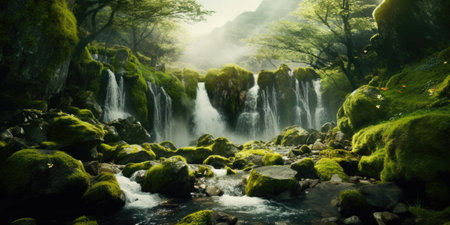 Beautiful waterfall in the forest with green moss and stones in the foregroundの素材