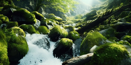 Waterfall in the forest. Green moss on the rocks. nature composition.の素材
