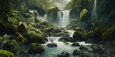 beautiful waterfall in the forest with green moss and rocks in the foregroundの素材