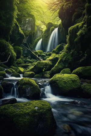 Beautiful waterfall in the forest with green moss. long exposure.の素材