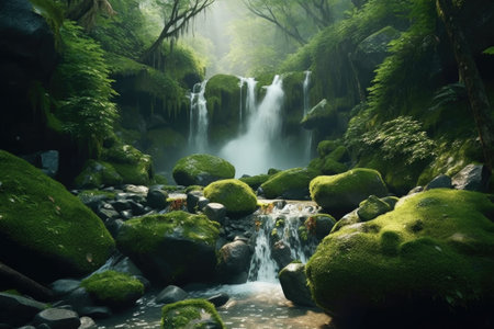 beautiful waterfall in the forest with green moss and fernsの素材