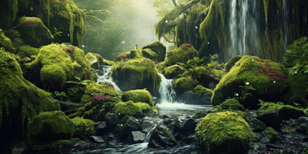 Panoramic view of a waterfall in a green forest with moss and fernsの素材