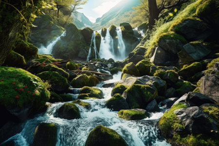 Beautiful waterfall in the forest with green moss and sun rays.の素材