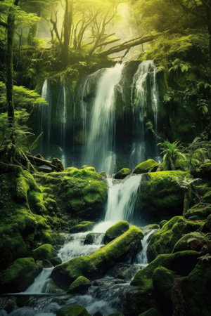 Beautiful waterfall in the tropical forest with green moss and sunlight.