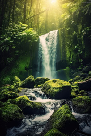 Beautiful waterfall in the rainforest with green moss and sunlight.の素材